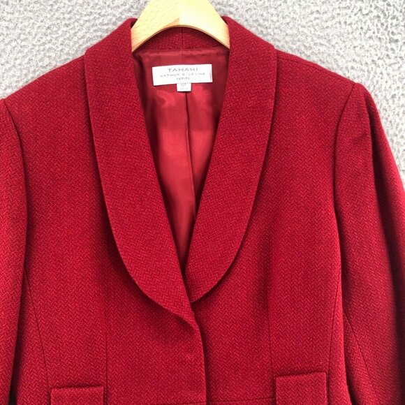 Tahari Blazer Womens 10 Petite Red Wool Blend Shawl Lapel Snap Front Career Work - Picture 2 of 9